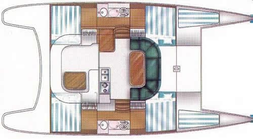 Overhead layout of the Nautitech 395: four double cabins, two heads, saloon and galley