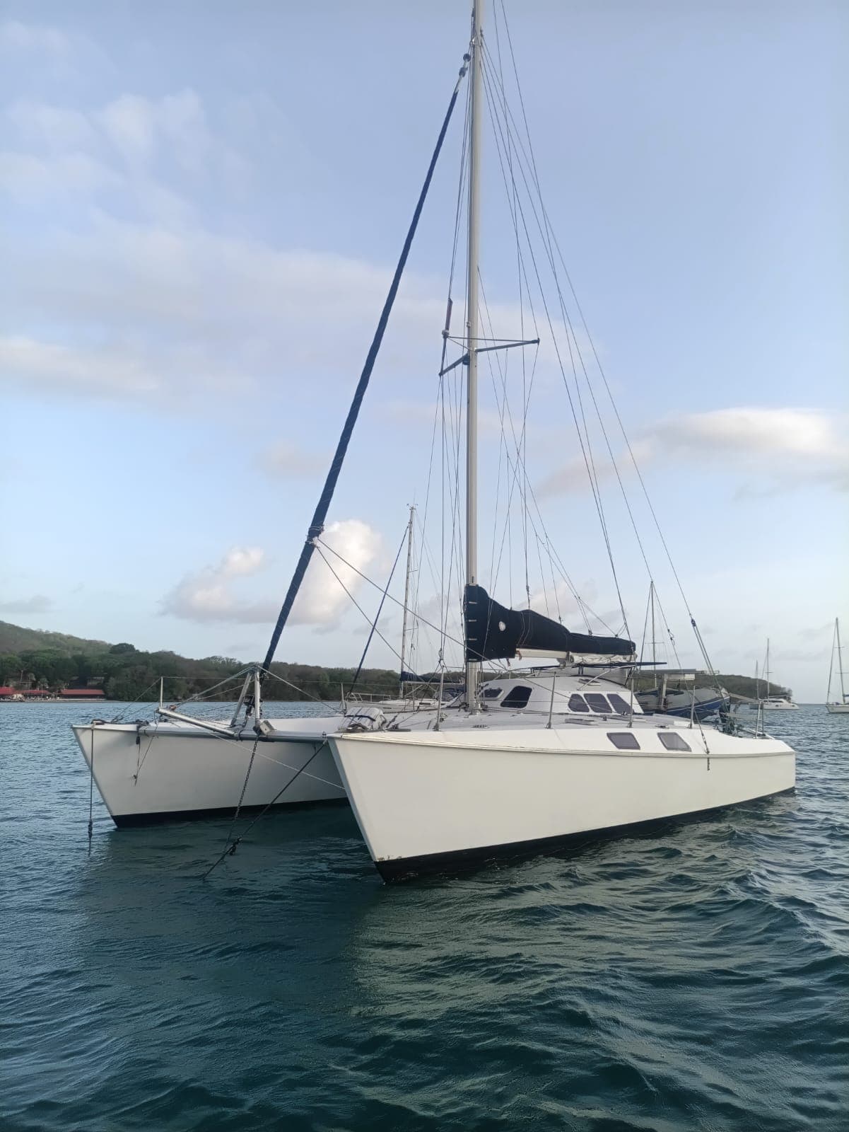 Le trimaran Niaouli au mouillage sur une eau turquoise en Martinique
